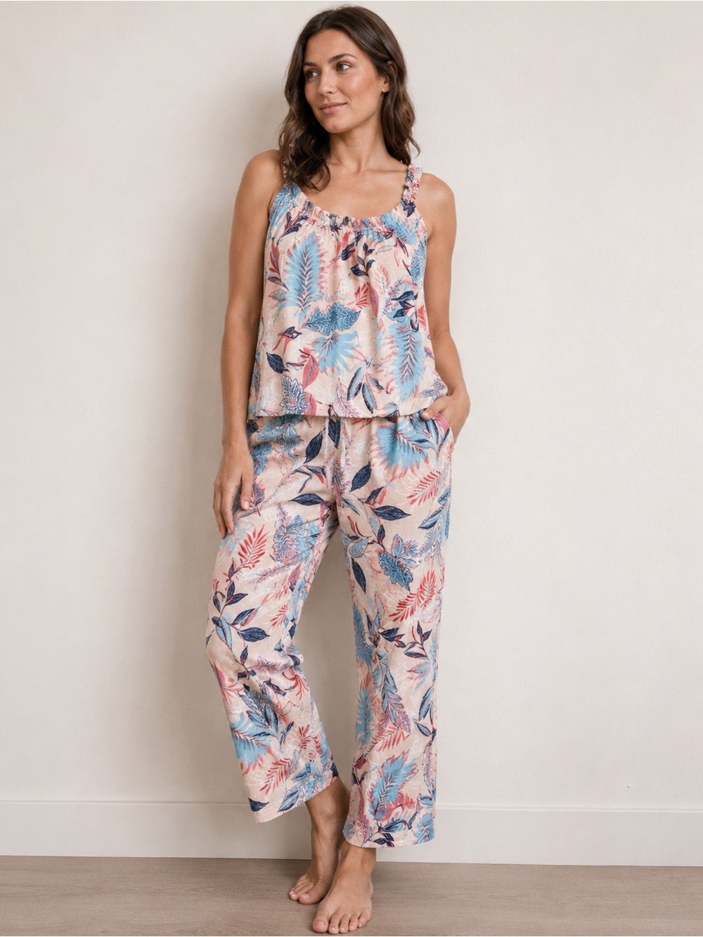 Nicole  Miller Floral Leaf Print Pajama Set - Pink & Blue Size L